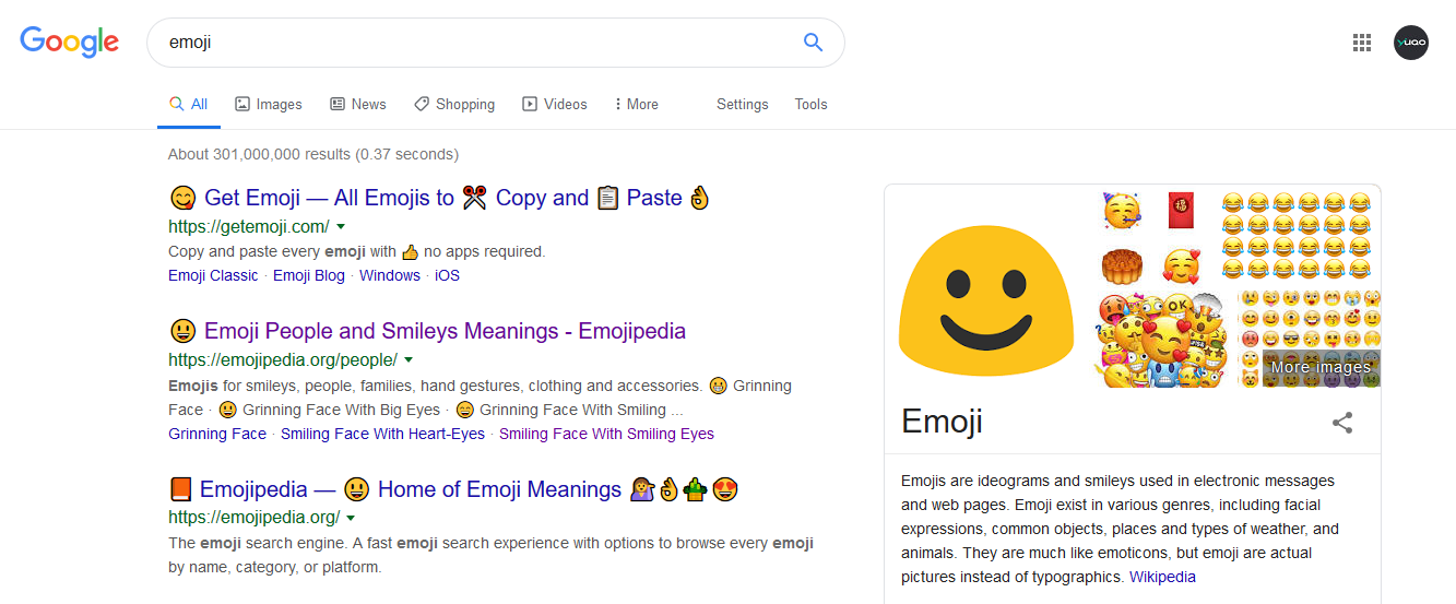 Emoji search results